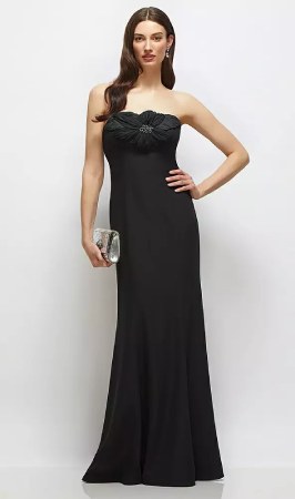 Dessy Strapless Black Fit and Flare Dress with Handmade Flower